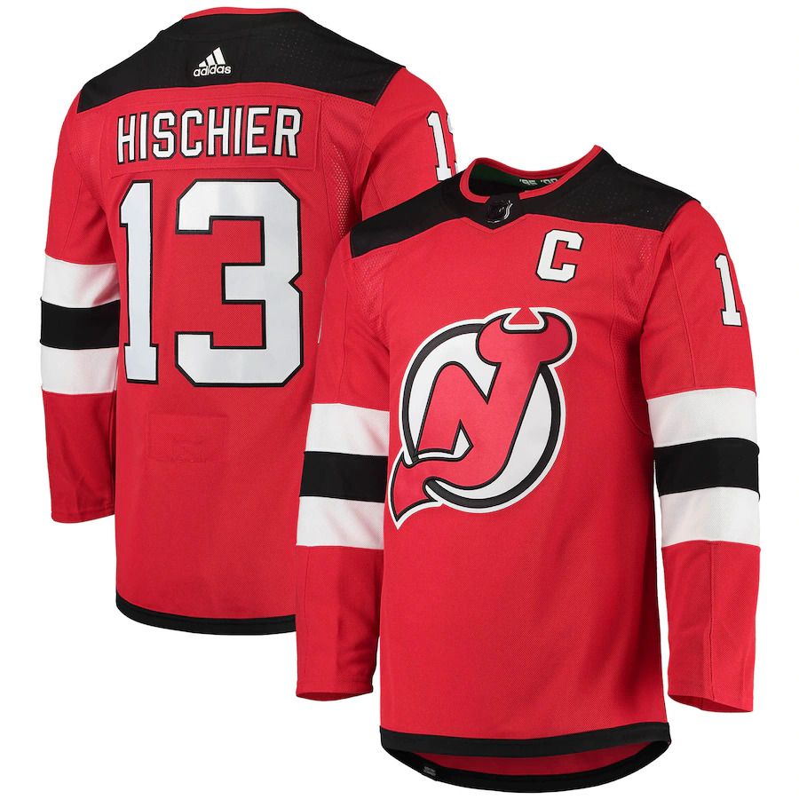 Men New Jersey Devils 13 Nico Hischier adidas Red Home Captain Patch Primegreen Authentic Pro Player NHL Jersey